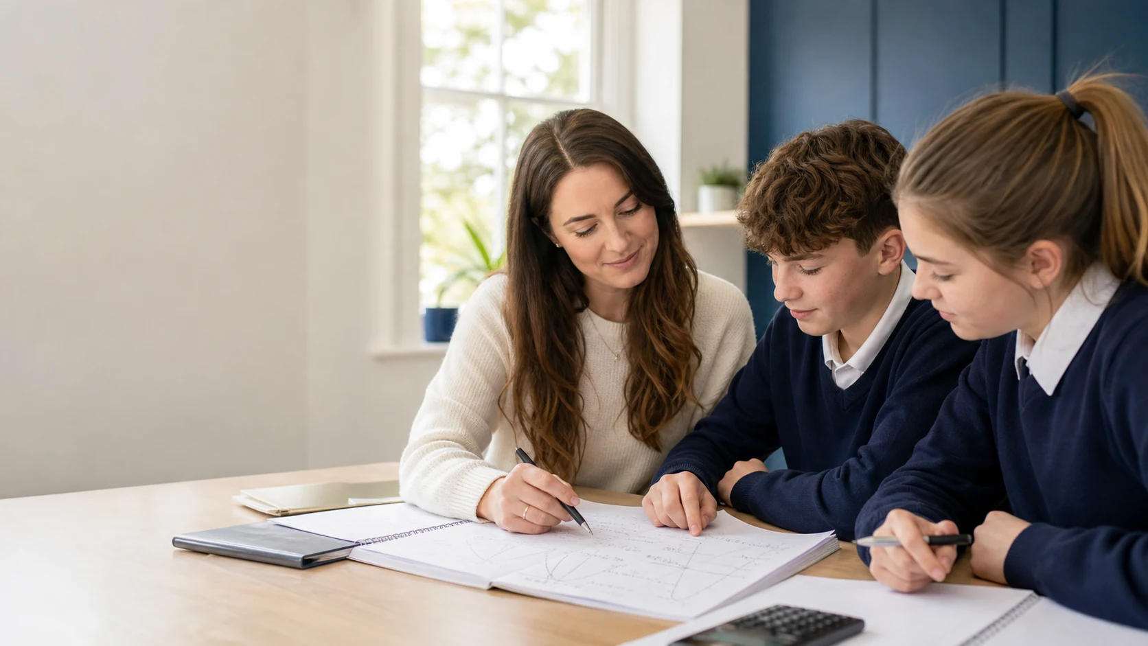A GCSE maths tutor supporting two students at a desk