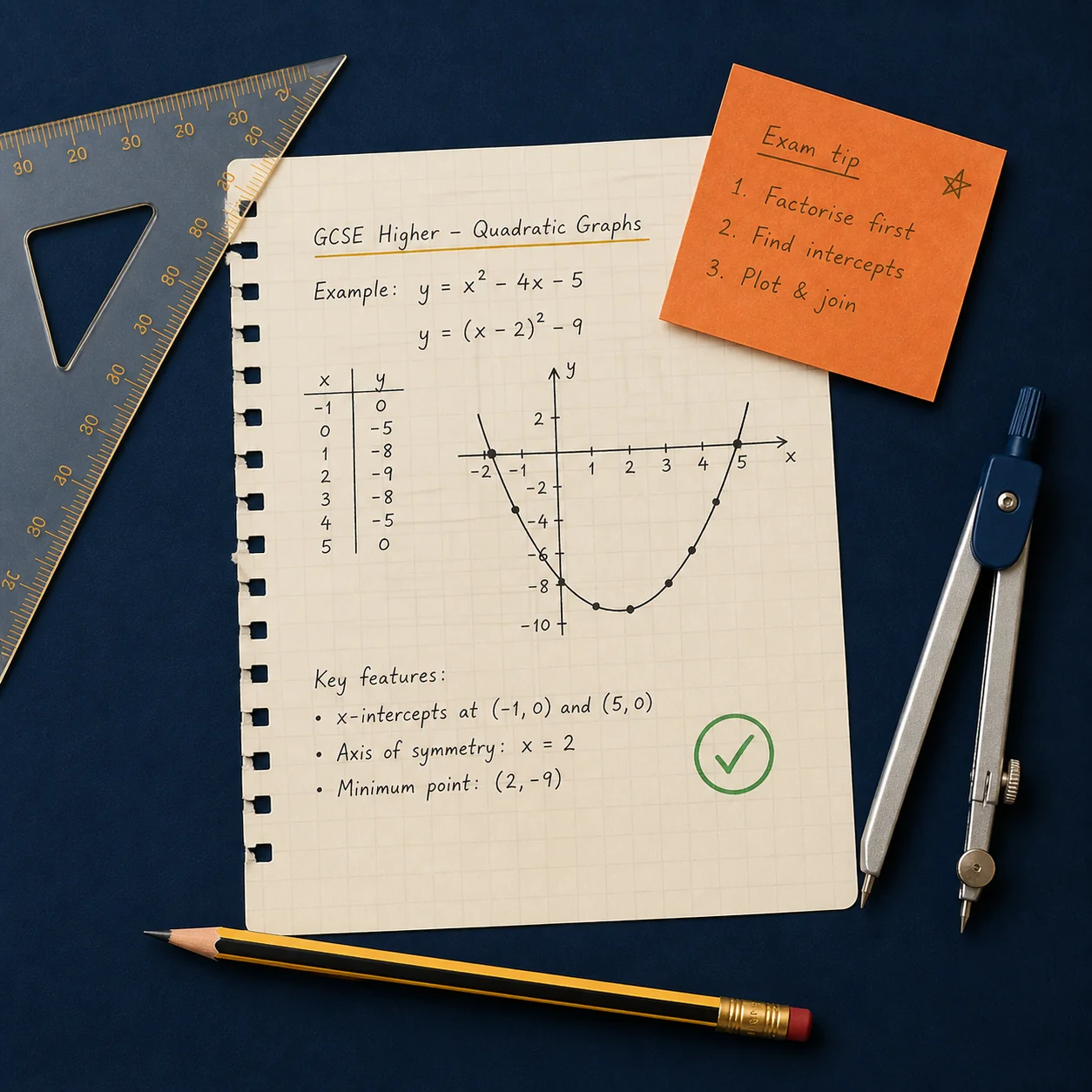 Quadratic graph study notes with maths tools