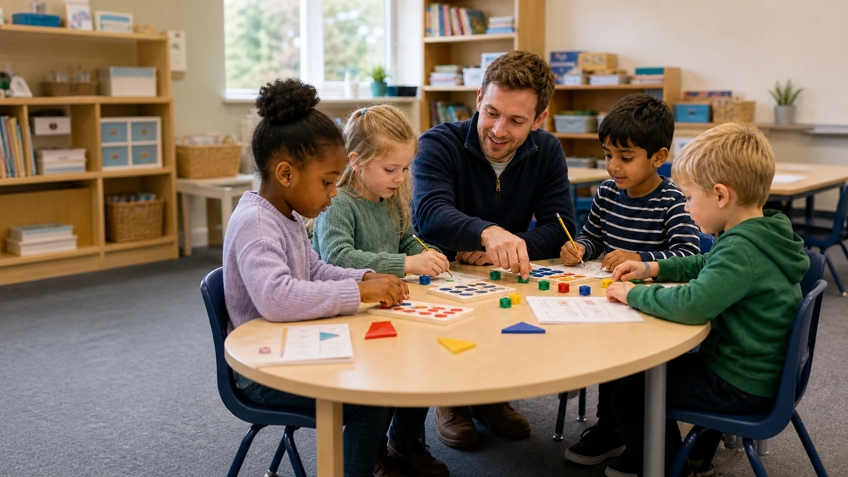 A KS1 tutor helping four young pupils explore maths with counters, ten-frames and number cubes in a bright classroom