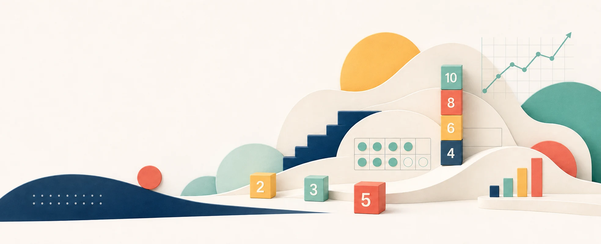 Abstract learning landscape with number blocks, maths steps and progress charts
