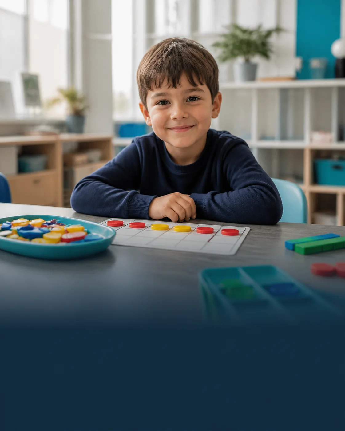 Young child using counters and a ten-frame in a bright classroom