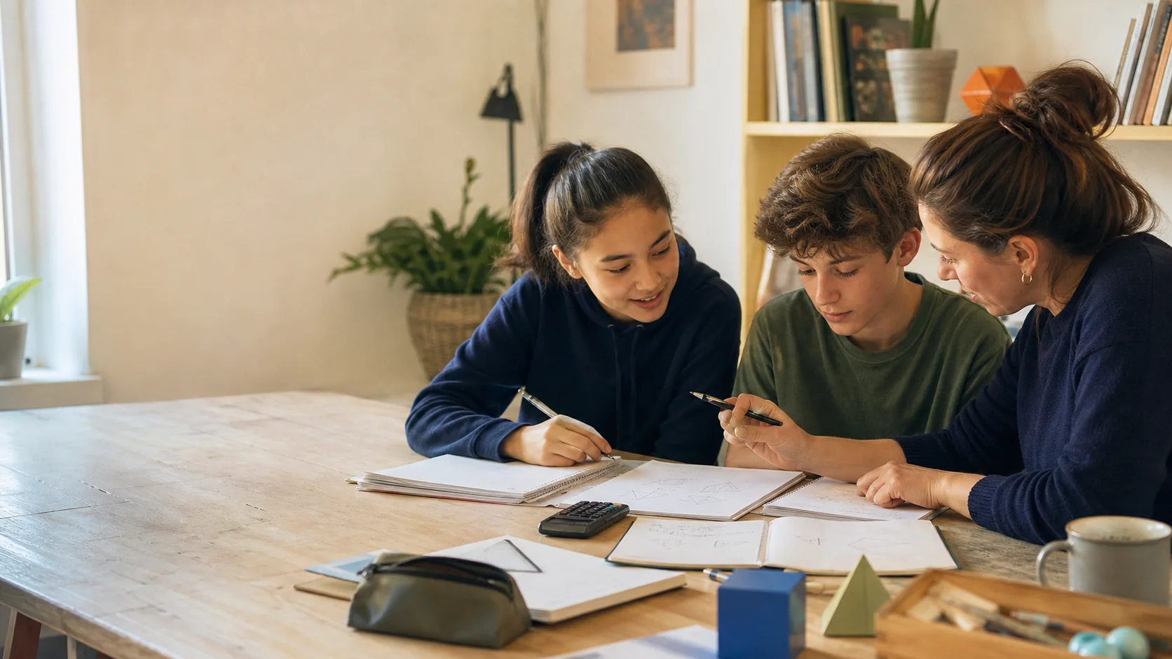 Two early-secondary students working through maths with a supportive tutor at a table