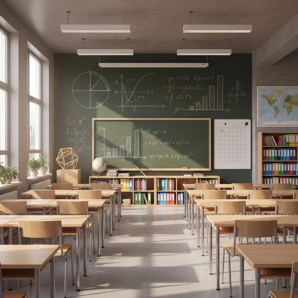 A mathematics classroom with equations on the board