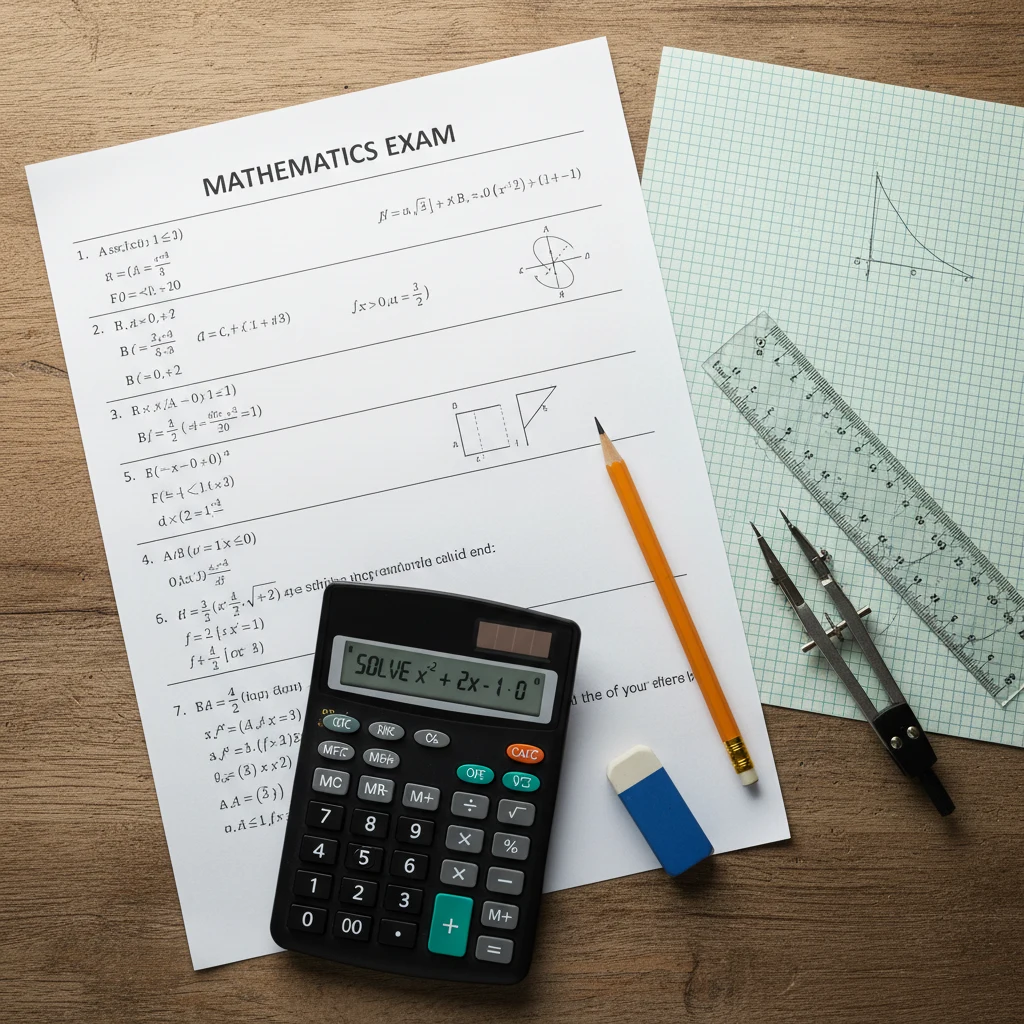 A mathematics exam sheet with a calculator and geometry tools